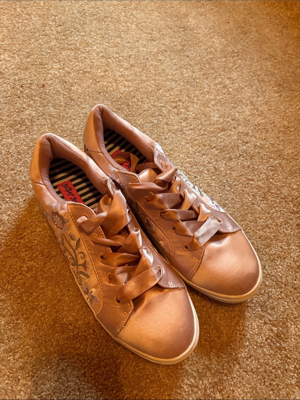 Betsey Johnson Satin Floral Embroidered Sneakers in Rose Pink